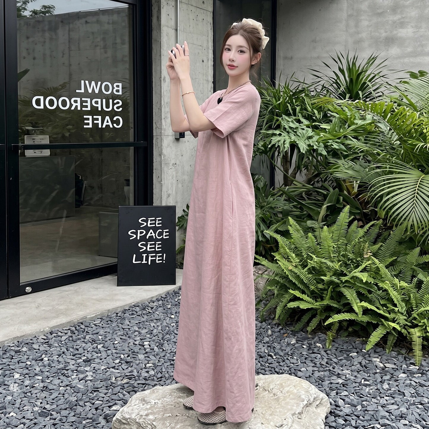 【ワンピース】ロングTシャツワンピース レディース 夏新作 半袖 無地 体型カバー リラックスシルエット ミモレ丈【JZシリーズ】