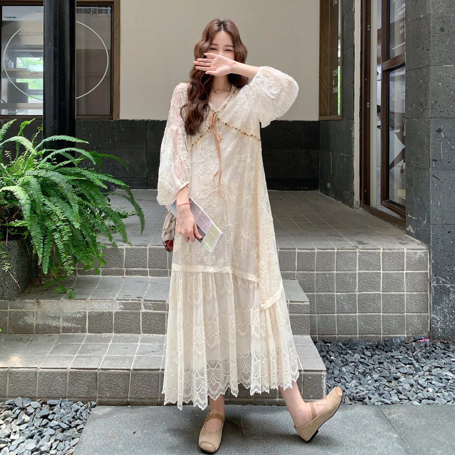 【ワンピース】フレンチレースワンピース レディース アイボリー 長袖 スパンコール ミモレ丈 春秋コーデ【JZシリーズ】