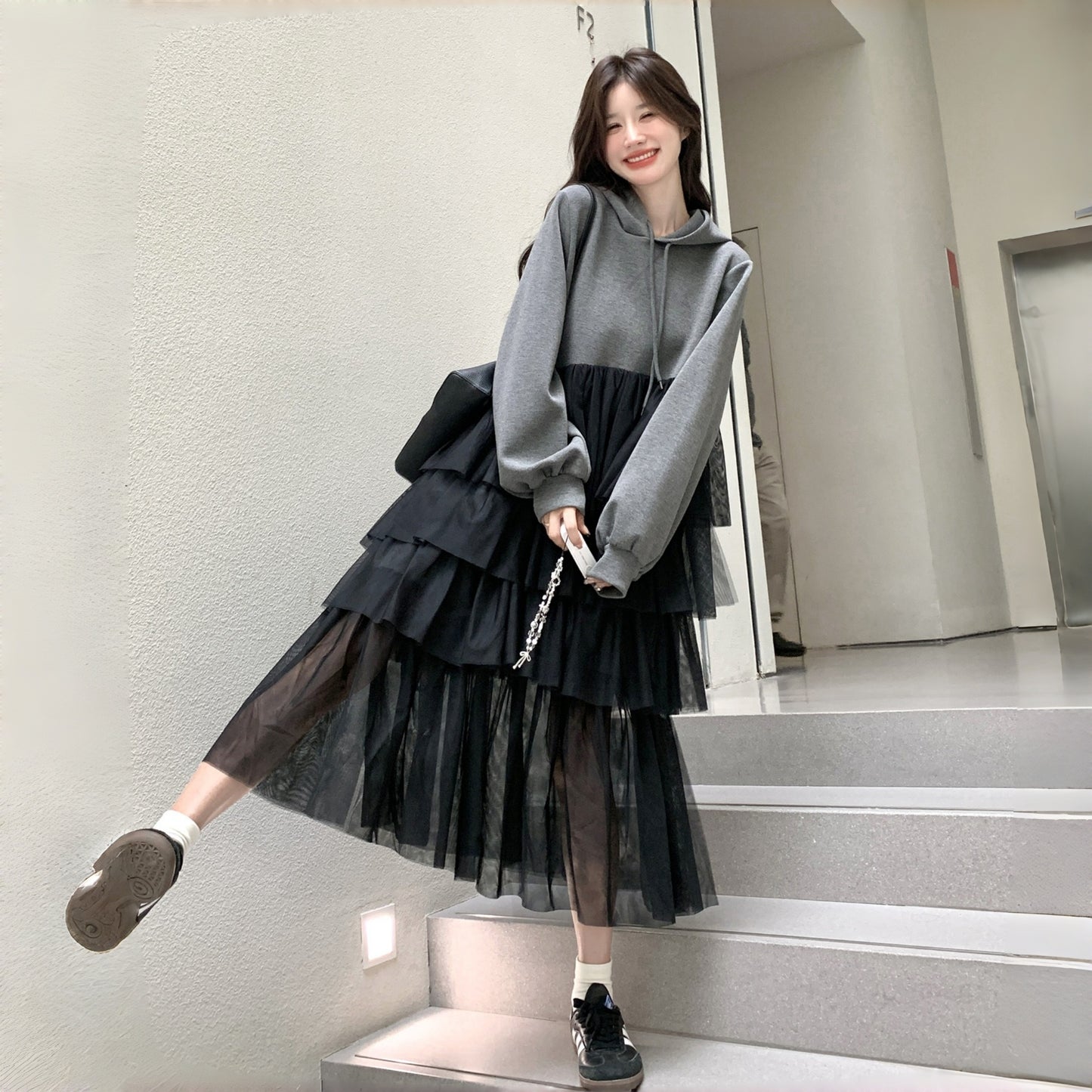 【ワンピース】春 秋 冬 デザイン性 新作 フード付き カジュアル 着痩せ 長袖ワンピース【JZシリーズ】