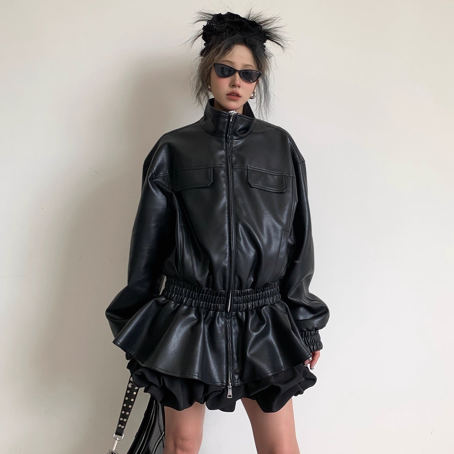 【アウター】春 秋 冬 ファッション ブラック フリル PU ジャケット【FCシリーズ】
