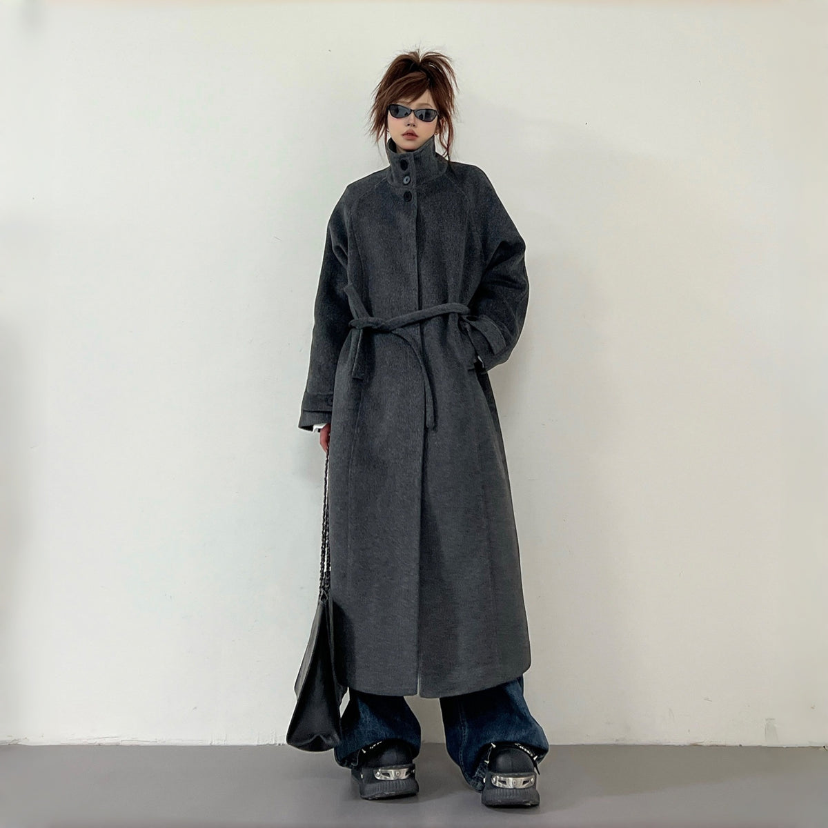 【アウター】秋冬 新作 韓国系 高級感 上品 スタンドネック ベルト付き コート【FCシリーズ】