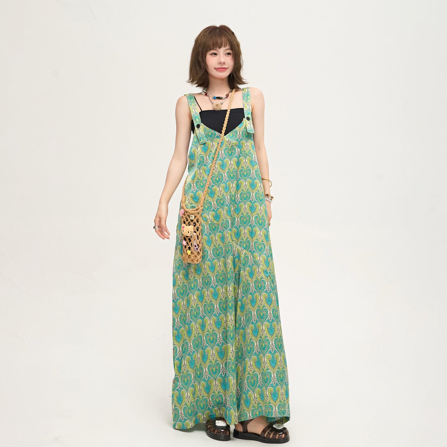 【ボトムス】フレンチレトロ感 清涼感たっぷり Vネックワイドサロペット ミントブルーグリーン オールインワン【SHシリーズ】