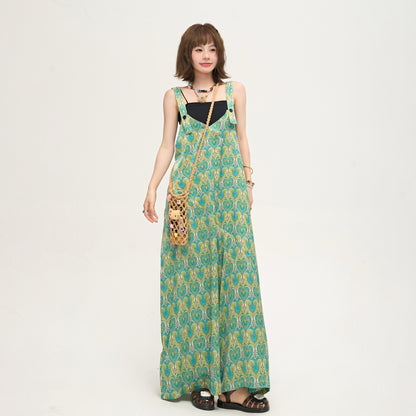 【ボトムス】フレンチレトロ感 清涼感たっぷり Vネックワイドサロペット ミントブルーグリーン オールインワン【SHシリーズ】