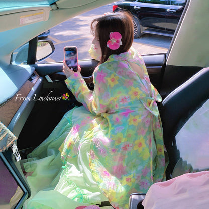 【アウター】夏 スイートリゾート風 スリット入りリボン 花柄 テンセル防晒シャツ【SHシリーズ】