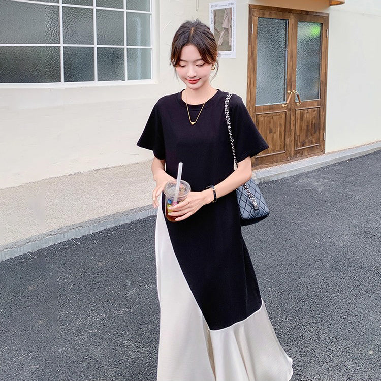 【ワンピース】個性配色切り替えアシンメトリー半袖 Tシャツワンピース 夏 ゆったりロング丈【JZシリーズ】