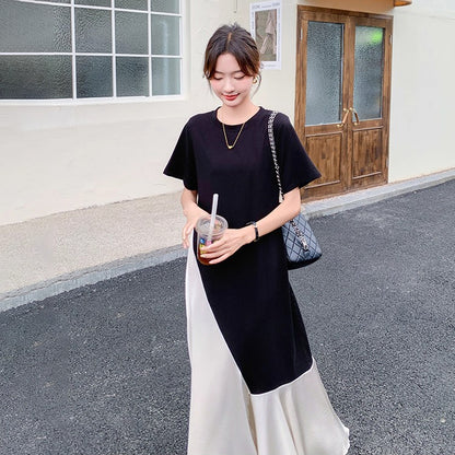 【ワンピース】個性配色切り替えアシンメトリー半袖 Tシャツワンピース 夏 ゆったりロング丈【JZシリーズ】