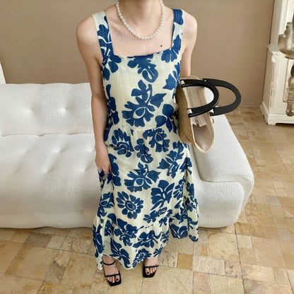 【ワンピース】夏 フレンチレトロ風 リネン プリント ノースリーブ ワンピース 【SHシリーズ】