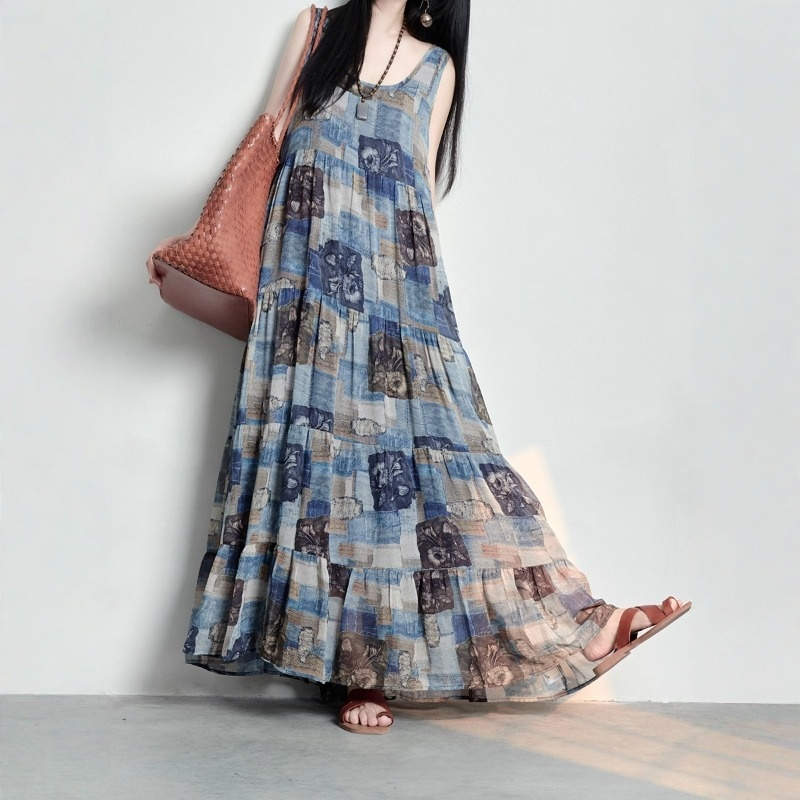 【ワンピース】コットンリネン 抽象柄プリント ゆったりした ノースリーブワンピース 【SHシリーズ】