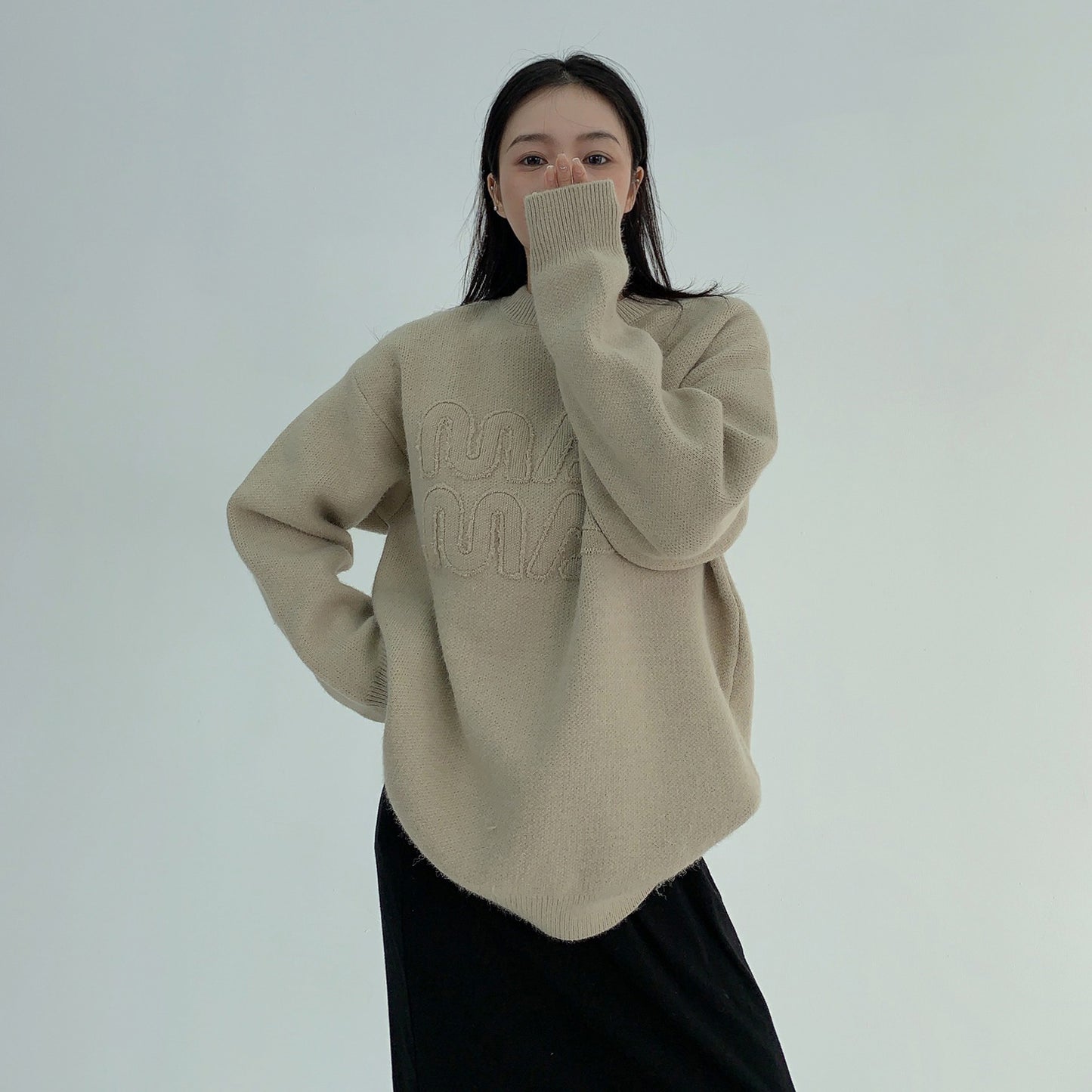 【トップス】ゆるめレトロワッペン刺繍 クルーネックセーター【FCシリーズ】