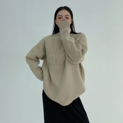 【トップス】ゆるめレトロワッペン刺繍 クルーネックセーター【FCシリーズ】