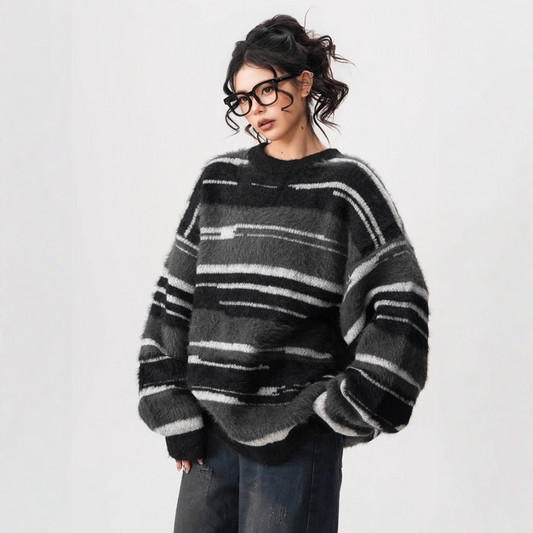 【60%OFF⭐️先行スタート！】【トップス】春 秋 冬 ストライプ柄 配色 ルーズ ニット ラウンドネック セーター 【FCシリーズ】
