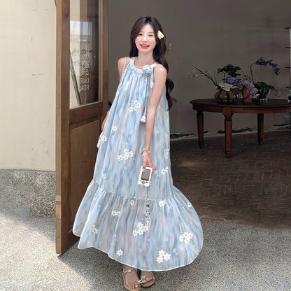 【ワンピース】リゾート風 ブルー立体フラワーワンピース レディース ノースリーブ ホルターネック 中長丈 ゆったり 体型カバー おしゃれ【SHシリーズ】
