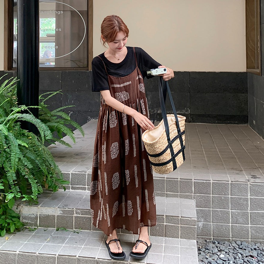 【ワンピース】韓国風ファッション カフェブラウン小花柄 ノースリーブキャミワンピース【SHシリーズ】