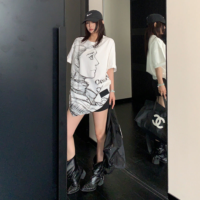 【トップス】ヴィンテージ風 スケッチプリントTシャツ レディース 夏 ルーズフィット 半袖【FCシリーズ】