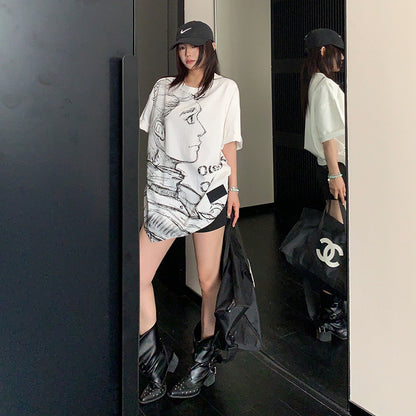 【トップス】ヴィンテージ風 スケッチプリントTシャツ レディース 夏 ルーズフィット 半袖【FCシリーズ】