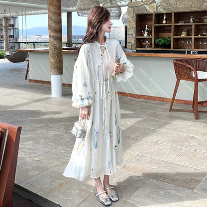 【ワンピース】独特で絶美なフレンチ風 花柄 長袖ワンピース 超人気 バルーンスリーブ リゾートロングドレス【SHシリーズ】