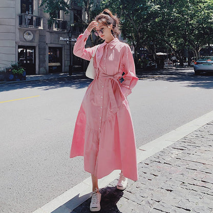 【ワンピース】高級感のある小洒落デザイン ピンク長袖シャツワンピース レディース 春秋 ユニークでおしゃれ 上品な大人風 ロングワンピース【JZシリーズ】