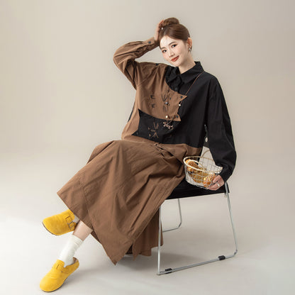 【単品注文】【セットアップ】ねこ刺繍 不規則デザイン 配色切替 長袖 シャツ +スカート 上下セット【JZシリーズ】