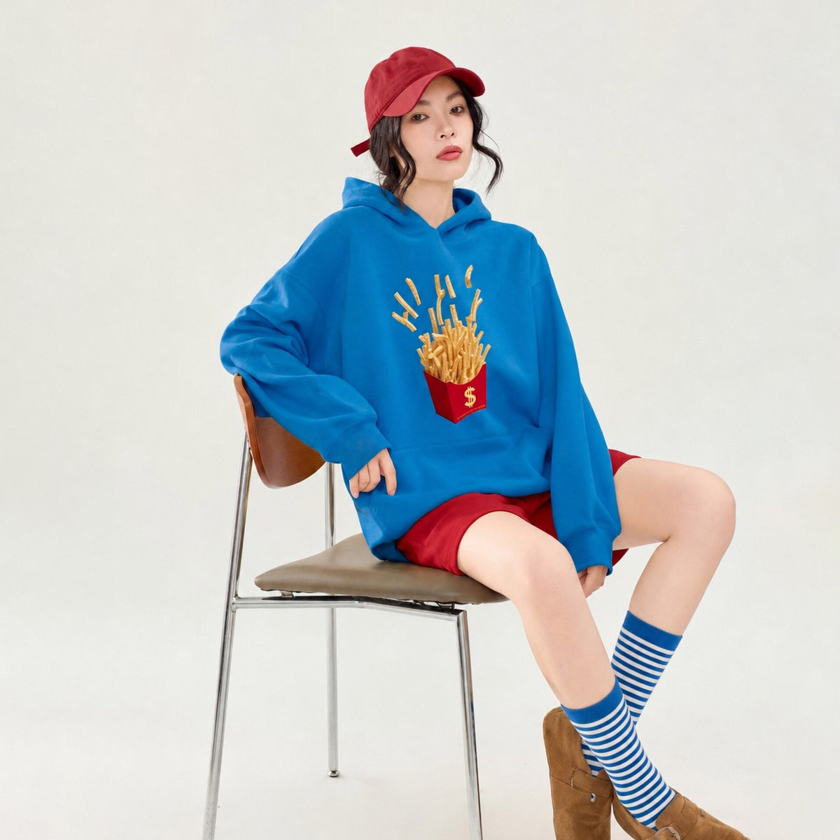 【トップス】🍟フライドポテト柄グラフィックパーカー レディース 秋新作 フード付き オーバーサイズ リラックス 韓国風【FCシリーズ】