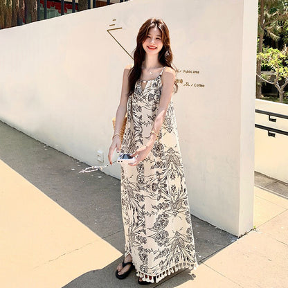 【ワンピース】ヴィンテージ水墨プリント フリンジパッチワーク リゾート風 ノースリーブワンピース【SHシリーズ】