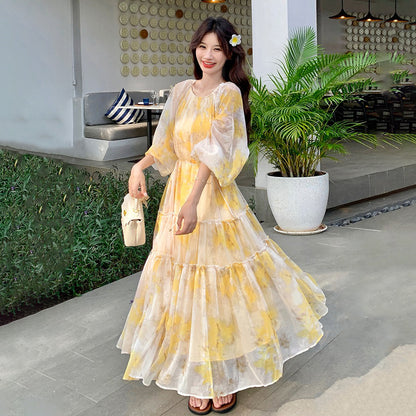 【ワンピース】花柄 長袖ワンピース  レディース 高級感 細見え リゾート風 フェミニン ロングビーチドレス【SHシリーズ】