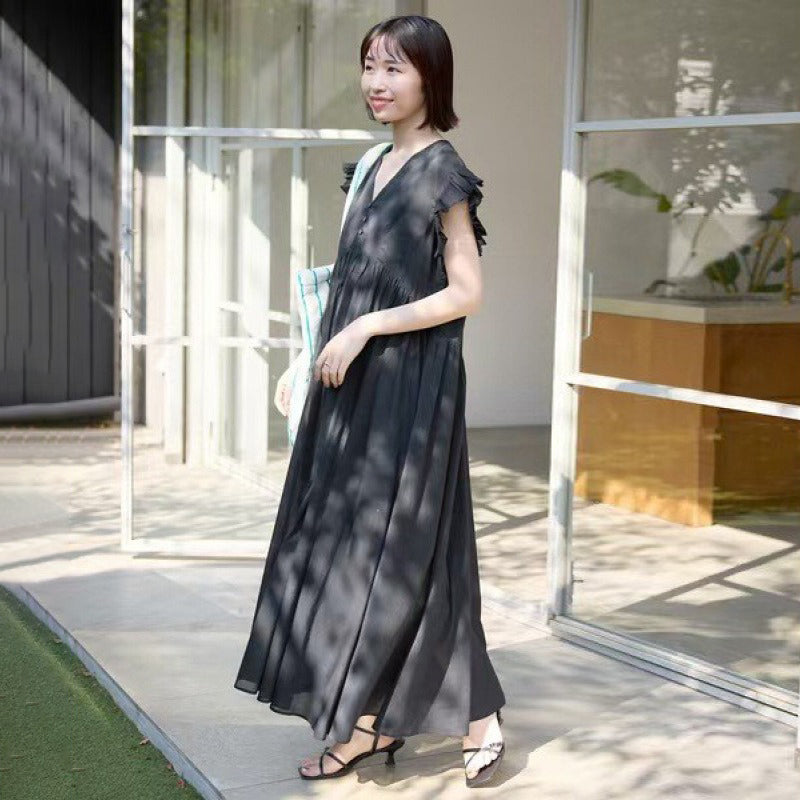 【ワンピース】韓国風 フリル 切り替え  Vネック ノースリーブワンピース レディース 夏 きれいめ こなれ感 ロングワンピース【JZシリーズ】