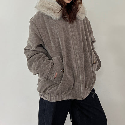 【アウター】ヴィンテージ フード 中綿ジャケット レディース 秋冬 裏起毛 保温 オーバーサイズ ジップアップ【FCシリーズ】【20～25日内発送】