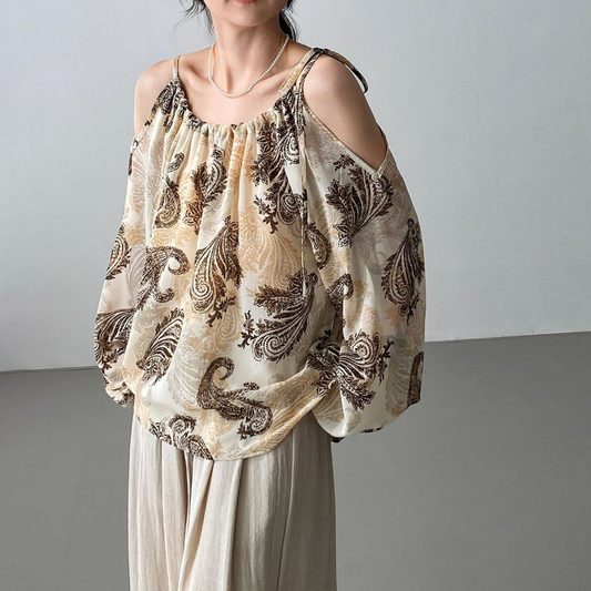 【トップス】小島のそよ風 水墨プリント ハイネック オフショルダー 若見え シャツ【SHシリーズ】