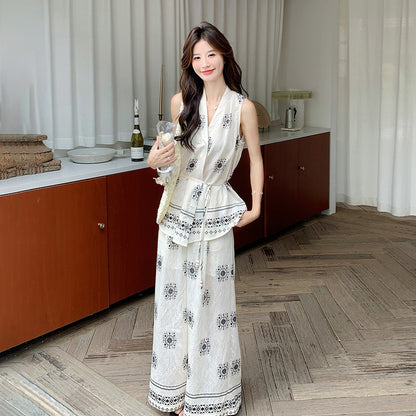 2点セット！【セットアップ】エスニック柄ベスト＋ワイドパンツ 上下セットアップ 韓国風 夏 レディースコーデ【SHシリーズ】