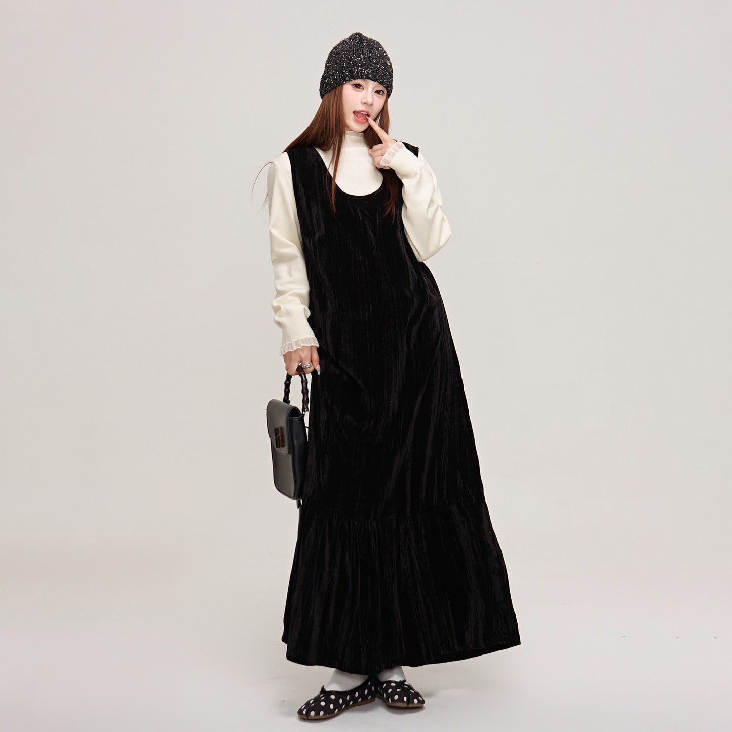 【ワンピース】上品＆高見え♡ブラックベルベット ノースリーブワンピース ロングベストワンピ  レディース 秋冬気品【JZシリーズ】