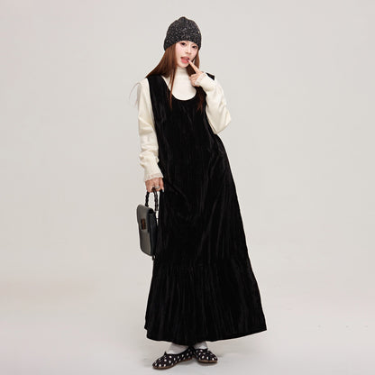 【ワンピース】上品＆高見え♡ブラックベルベット ノースリーブワンピース ロングベストワンピ  レディース 秋冬気品【JZシリーズ】