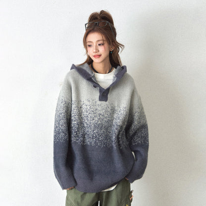 【トップス】ふわふわフェイクミンクグラデーション フード付きニットセーター レディース 秋冬 高級感 オーバーサイズ トップス【FCシリーズ】