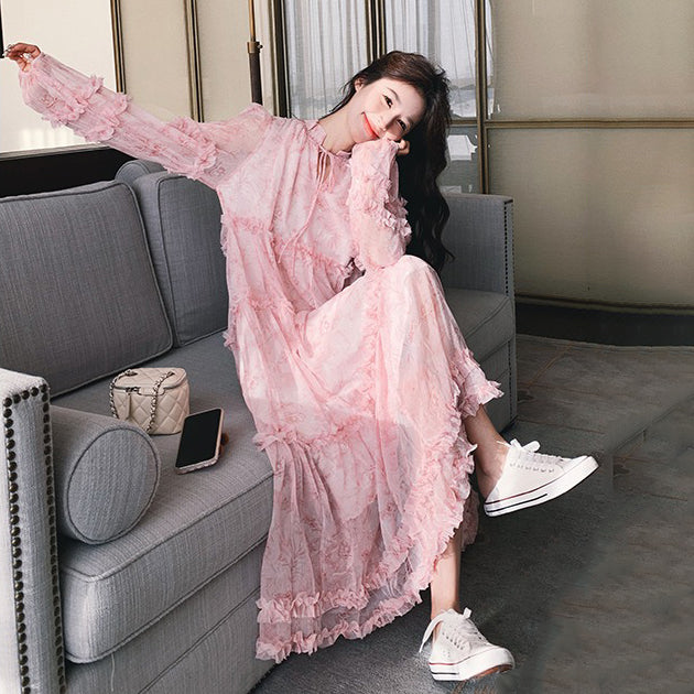 【ワンピース】透かし編み 水墨画風花柄長袖ワンピース レディース 春秋 トレンド 超可愛い【SHシリーズ】