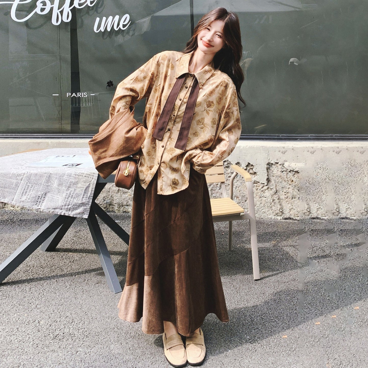 3点セット！【セットアップ 】春新作メラードスエードベスト＋レトロプリントシャツ＋スカート 上下セット 文芸風コーデ【SHシリーズ】