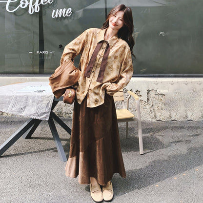 3点セット！【セットアップ 】春新作メラードスエードベスト＋レトロプリントシャツ＋スカート 上下セット 文芸風コーデ【SHシリーズ】