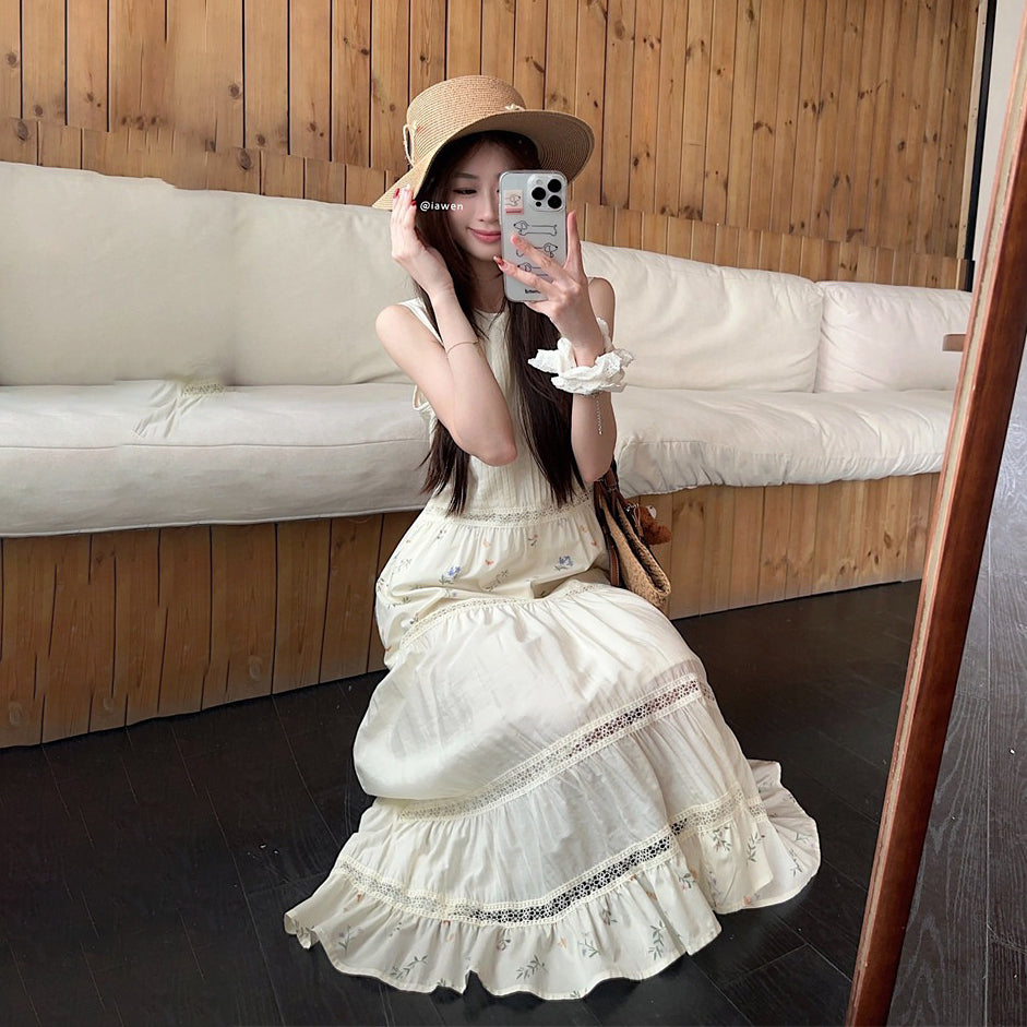 【ワンピース】フレンチ風 レース切替 花柄 ノースリーブワンピース レディース 夏 ゆったり Aライン ロングワンピース 体型カバー 大人可愛い【SHシリーズ】