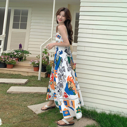 【ワンピース】レトロ油絵プリント ビーチバカンス 夏 高級感 ノースリーブワンピース【SHシリーズ】