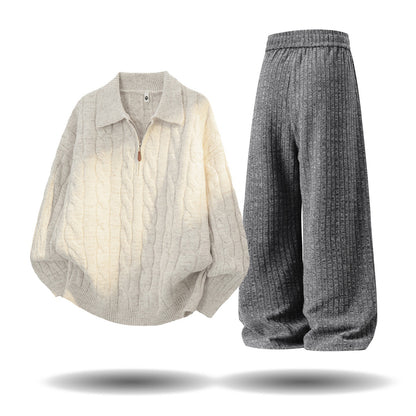 【単品注文】【セットアップ】ヴィンテージ風 ケーブルニット × スウェットパンツ 秋冬 新作 ゆったり ルーズスタイル【FCシリーズ】