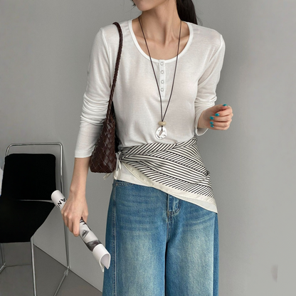 【トップス】テンセル ヘンリーネック ボタン付き 長袖Tシャツ 【JZシリーズ】