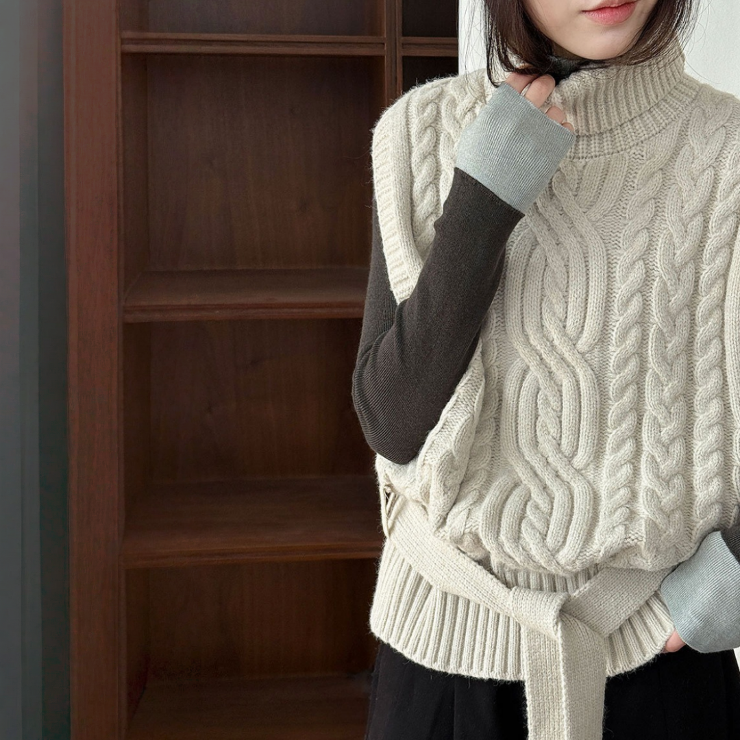 【トップス】春 秋 冬 ハイネック ケーブル ベルト付き ノースリーブ セーター 【JZシリーズ】