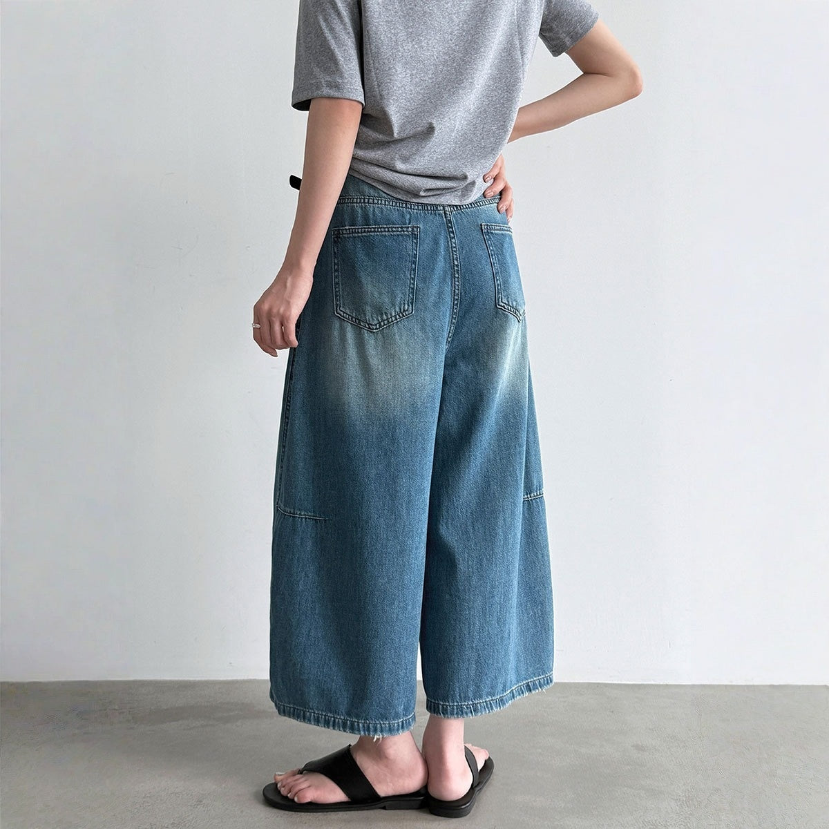 【ボトムス】ベルト付き ウォッシュドデニム ワイド クロップドパンツ 【JZシリーズ】