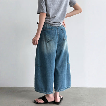 【ボトムス】ベルト付き ウォッシュドデニム ワイド クロップドパンツ 【JZシリーズ】