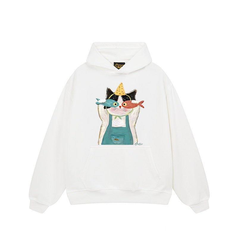 【トップス】🐱アメリカンストリート猫プリントパーカー ユニセックス コットン オーバーサイズ 秋冬コーデ【FCシリーズ】