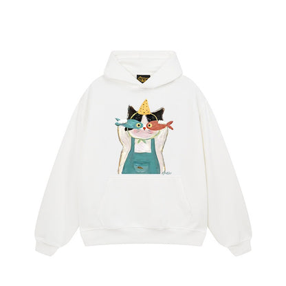 【トップス】🐱アメリカンストリート猫プリントパーカー ユニセックス コットン オーバーサイズ 秋冬コーデ【FCシリーズ】