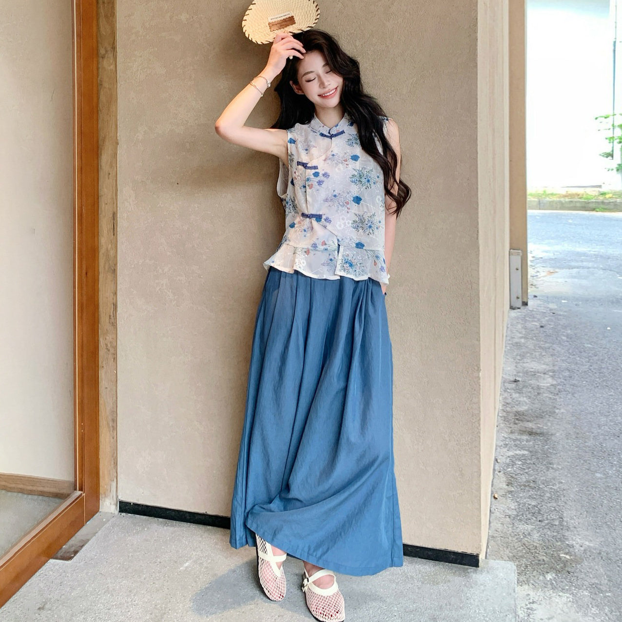 2点セット！【セットアップ】チャイナ風 上下セット レディース 夏 立体刺繍 ノーカラートップス ワイドパンツ きれいめ【SHシリーズ】