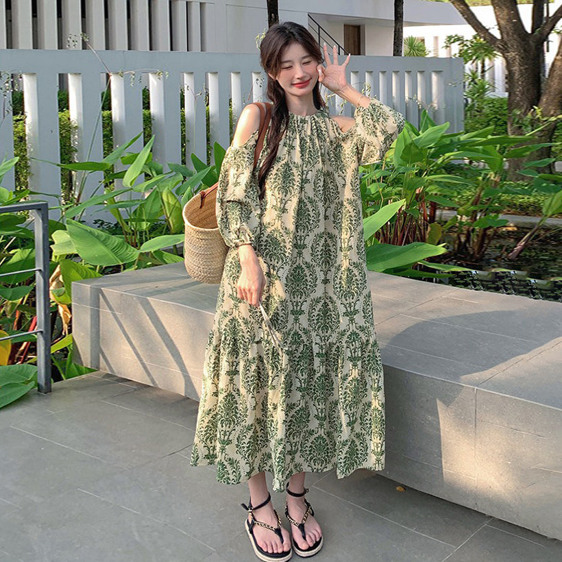 【ワンピース】フレンチエレガンス オフショルダー 花柄 半袖ワンピース 夏 海辺バカンス ロングドレス【SHシリーズ】