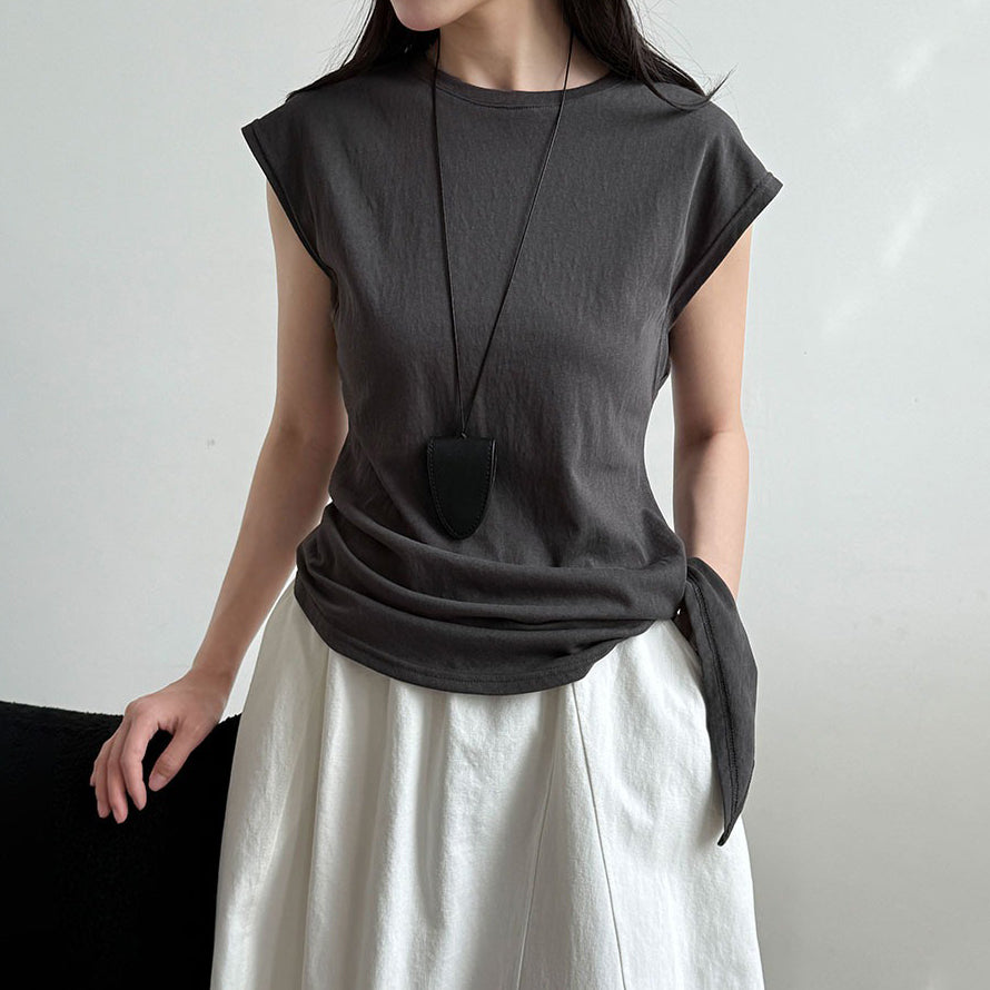 【トップス】韓国風 シンプル 夏新作 ウエストマーク 不規則デザイン 半袖Tシャツ【SNシリーズ】