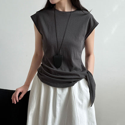 【トップス】韓国風 シンプル 夏新作 ウエストマーク 不規則デザイン 半袖Tシャツ【SNシリーズ】