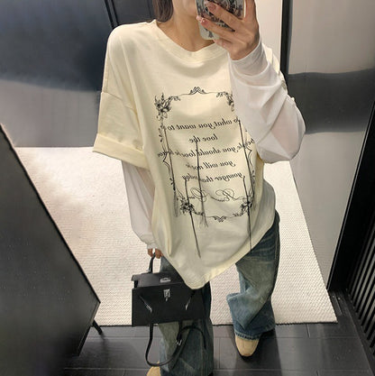 【トップス】フリンジ刺繍 Tシャツ レディース 夏 長袖 レイヤード風 ゆったり オーバーサイズ 人気 リラックスコーデ【FCシリーズ】