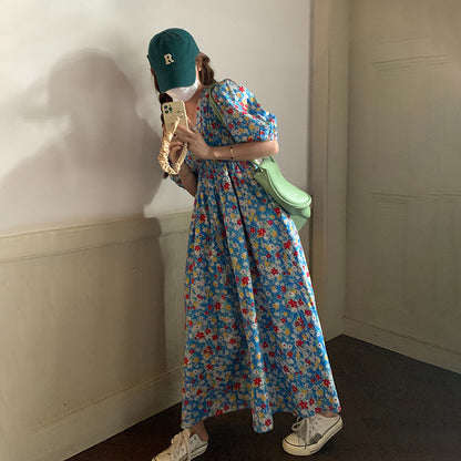 【ワンピース】フレンチ別注感 ブルー小花柄 Vネック パフスリーブ ゆったり半袖ワンピース【SHシリーズ】